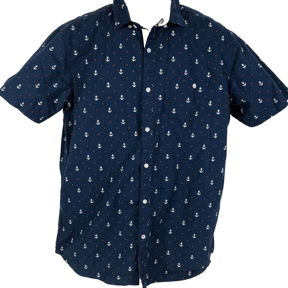 Free Planet Button Shirt Men's L Blue Boat Anchor Print Nautical